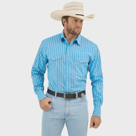 MENS WRANGLER WRINKLE RESIST BLUE STRIPED SHIRT