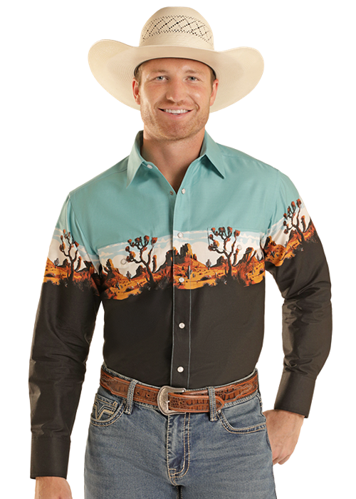 MENS TEAL DESERT BORDER SHIRT