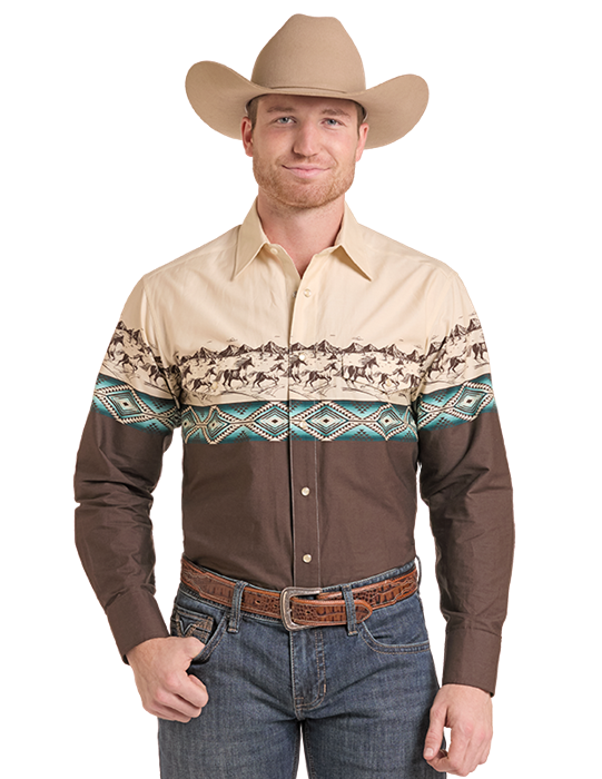MENS DESERT SCENE AZTEC SHIRT- BROWN