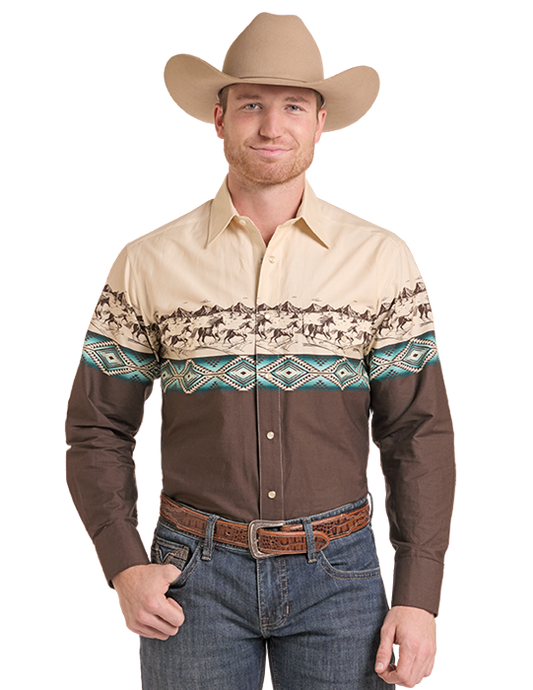 MENS DESERT SCENE AZTEC SHIRT- BROWN