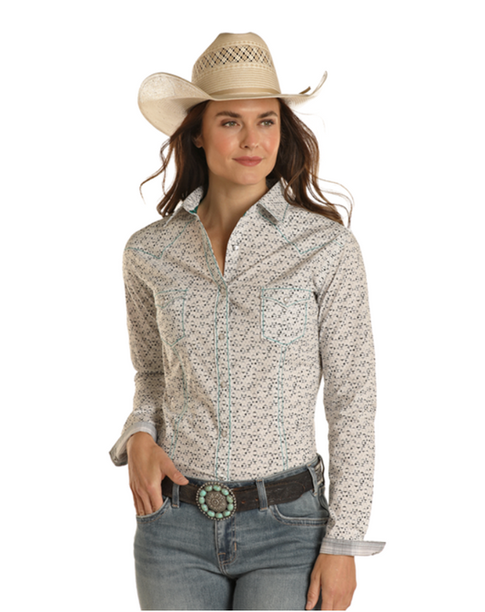 LADIES PANHANDLE GEO PRINT SHIRT WITH TEAL STITCH