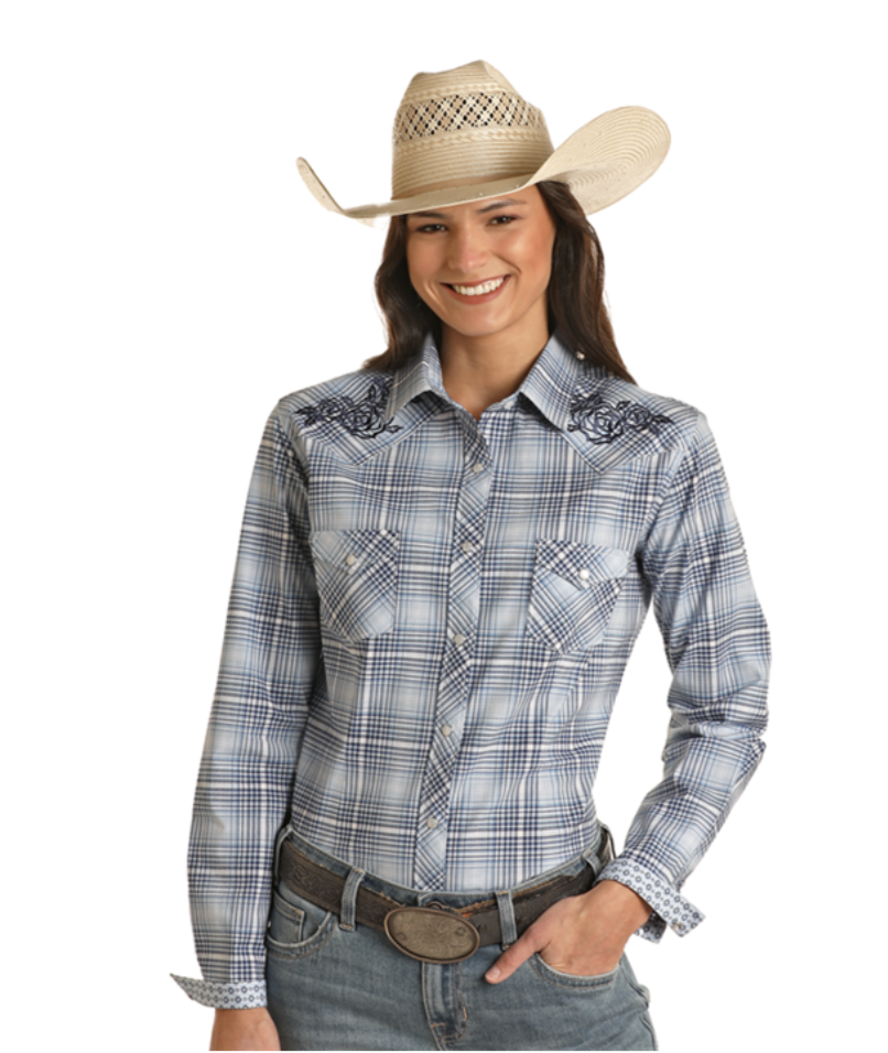 LADIES BLUE PANHANDLE PLAID SHIRT W/ EMBROIDERY