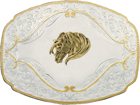 GOLD FLOURISH BUCKLE- HORSE HEAD