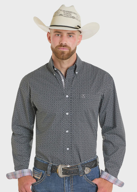 MENS GREY GEO PRINT BUTTON SHIRT -40% OFF