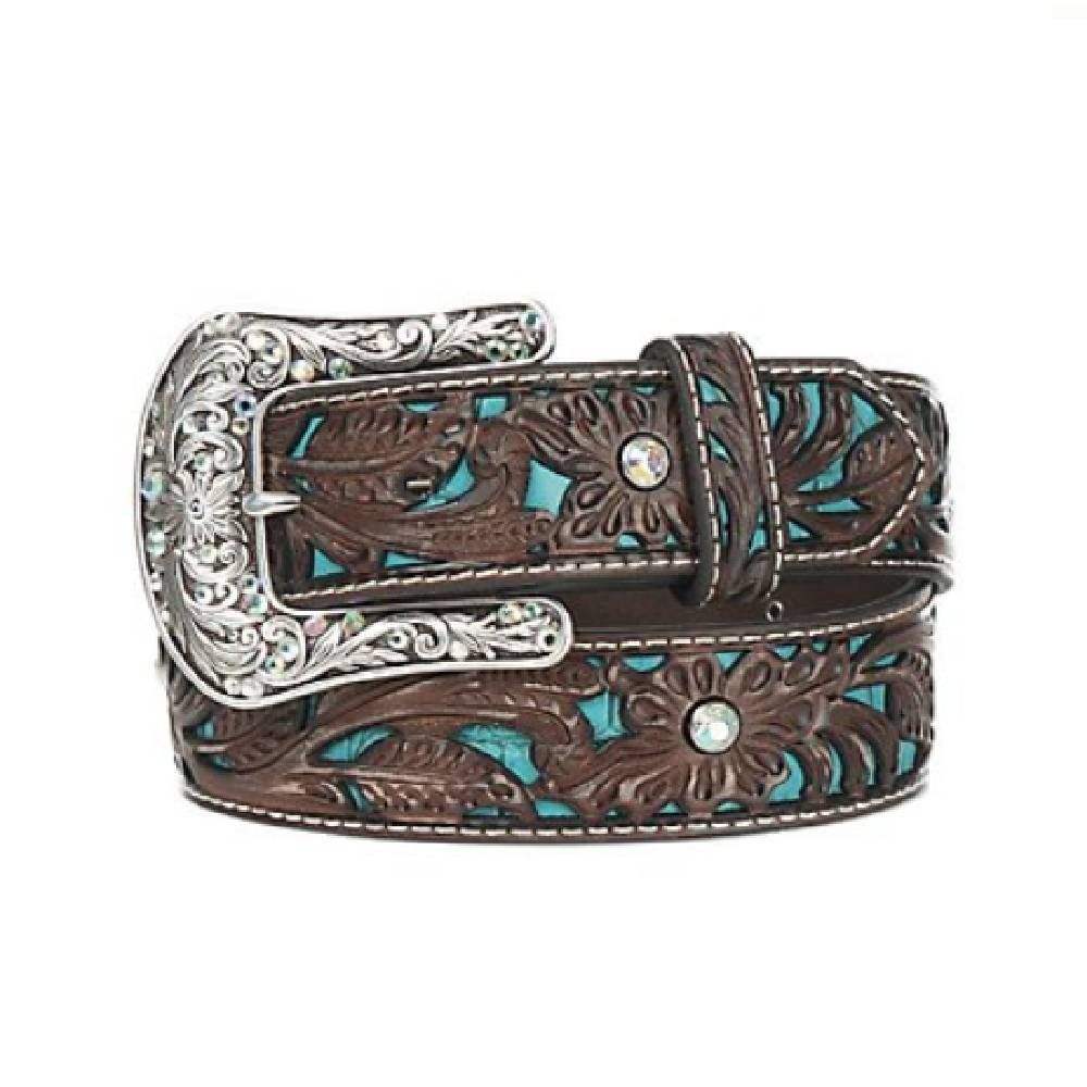 LADIES ARIAT BROWN FLORAL BELT W/ TEAL INLAY