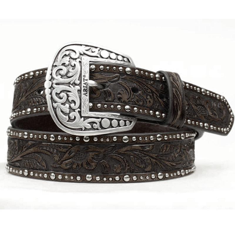 LADIES ARIAT BROWN FLORAL BELT W/ NICKLE STUDS