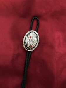ENGRAVED SILVER BOLO WITH RED STONES