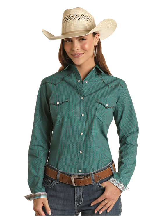 LADIES TEAL PANHANDLE SHIRT W/ STITCHED PIPING