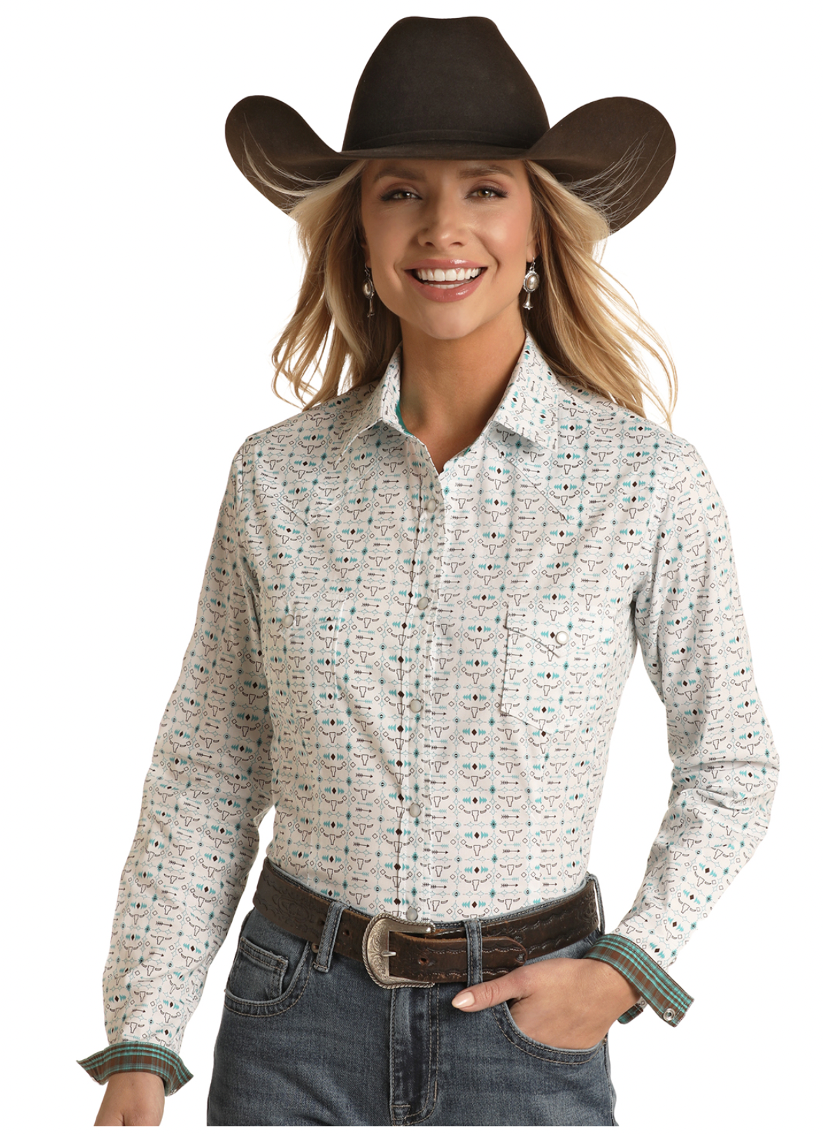 LADIES PANHANDLE WHITE W/ STEER HEAD DESIGN  SHIRT